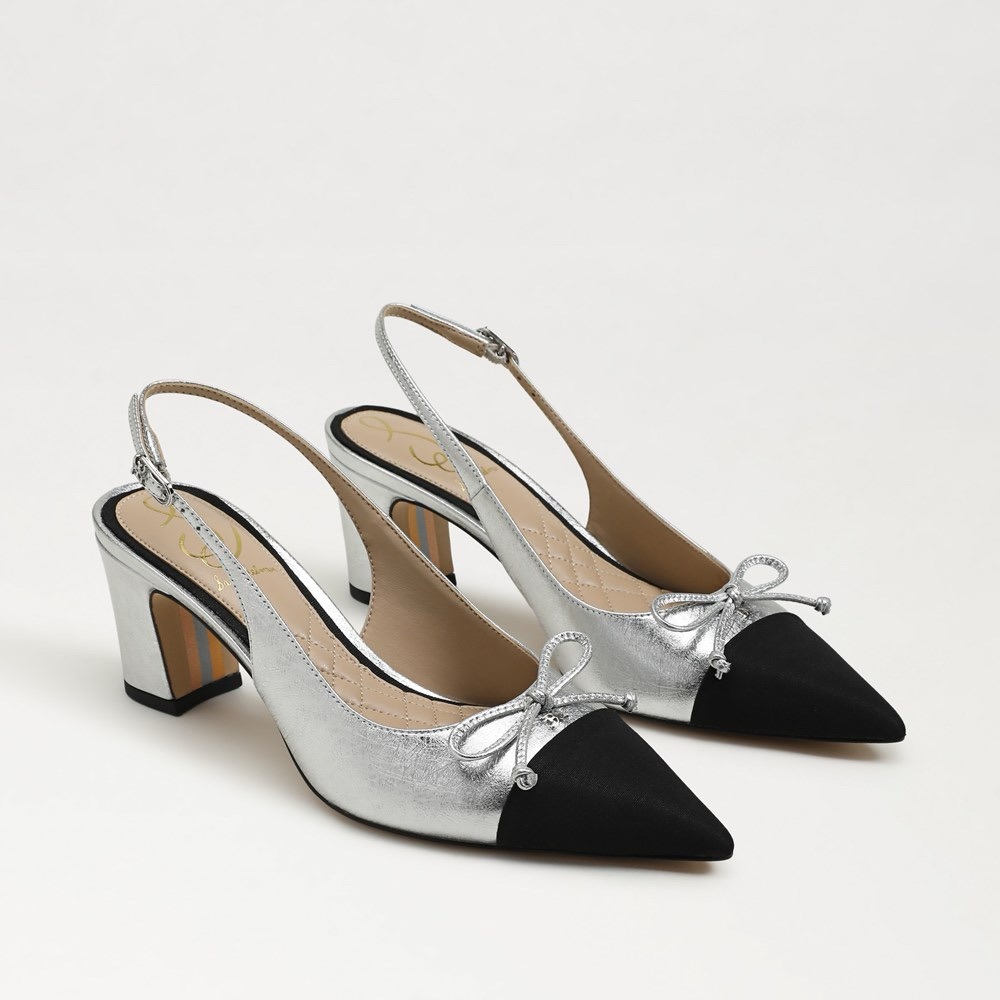 NWT Sam Edelman Willette Women’s Silver & Black Sling back Heels Dustbag, Size 7